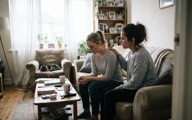 Two people sitting together on a couch having a calm, supportive conversation, representing a respectful approach to a difficult topic