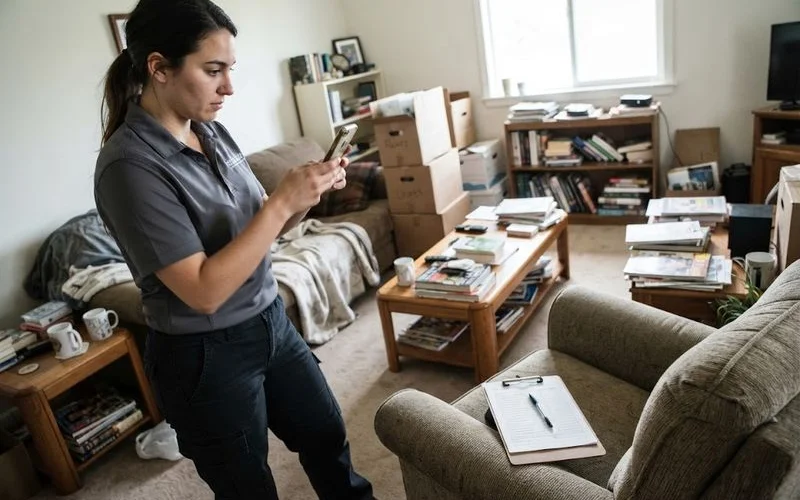 A person photographing a room's condition with a phone before a cleanup crew begins work, documenting the space for liability purposes
