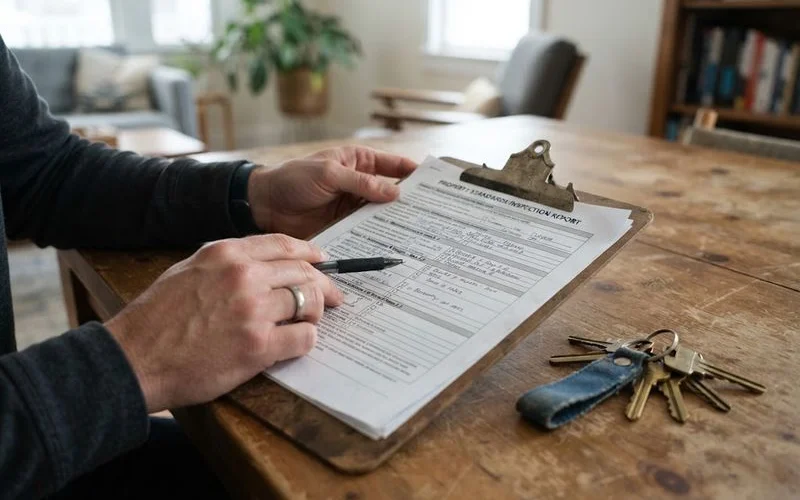A person reviewing paperwork related to a property standards notice at a desk, representing the legal side of a hoarding situation