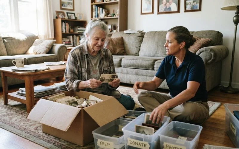 An older adult sitting comfortably while sorting through a keepsake box with a cleanup provider nearby, illustrating a paced, respectful approach